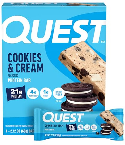 Quest Nutrition Cookies & Cream Protein Bars, 21g Protein, 4g Net Carbs, 1g Sugar, High Fiber, Gluten Free, Keto Friendly, 4 Count