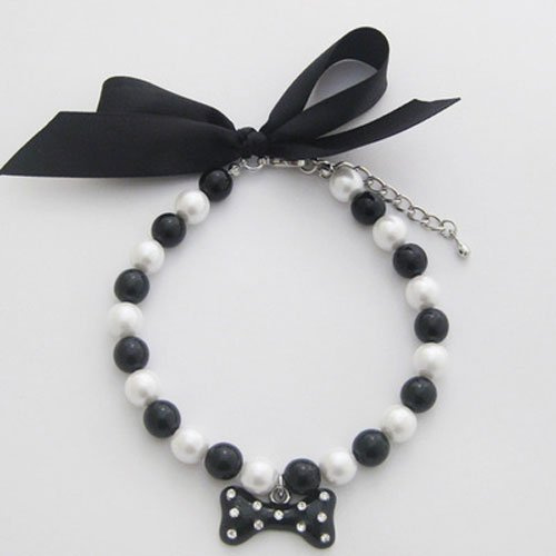 PETFAVORITES Fancy Diamond Dog Necklace Jewelry with Bling Pearls Rhinestones Bone Charm for Pets Cats Small Dogs Girl Teacup Chihuahua Yorkie Clothes Costume Outfits (Black, 12-Inch)