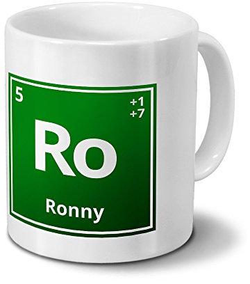 Tasse mit Namen Ronny als Element-Symbol des Perioden Systems - grün - Namenstasse, Kaffeebecher, Mug, Becher, Kaffeetasse