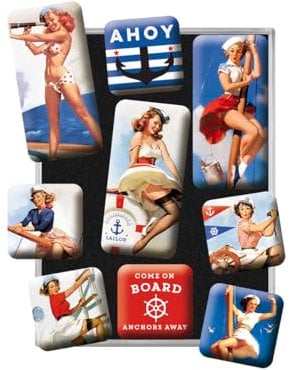 Nostalgic Art Retro-Style Fridge Magnets, Pin Up – Ahoy – Gift idea for nostalgia fans, Magnet set for notice board, vintage design, 9 pieces