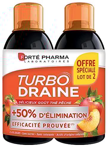 Forté Pharma - TurboDraine Pêche | Complément Alimentaire à base de Thé vert et Reine des prés - Elimination, Drainage, Brûle-graisse | Lot de 2 x 500 ml