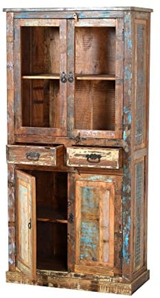 SIT-Möbel Riverboat 9108-98 Vitrine, je 2 Holz & Glastüren, 2 Schubladen, recyceltes Altholz, bunt lackiert, 90 x 40 x 180 cm