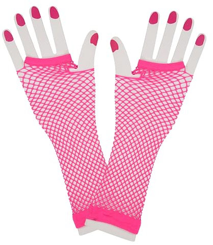 Wicked Costumes 80's Long Net Fingerless Gloves - Neon Pink- Fancy Dress Accessory