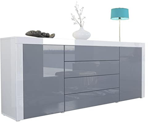 Vladon Sideboard Kommode La Paz, Made in Germany, Korpus in Weiß Hochglanz/Front in Grau Hochglanz mit Rahmen in Weiß Hochglanz