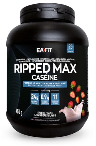 Casein Protein Pulver 750g - Ripped Max - Zucker- & Fettarm Muskelerhalt | Ripped Max Casein Zuckerfrei & Fettarm - 100% Mizellares Casein Für Muskelerhalt & Ausdauer - Geschmack Erdbeere - EAFIT