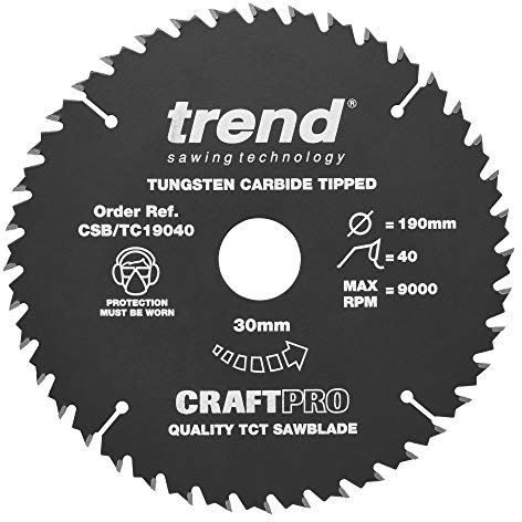 Trend CraftPro CSB/TC19040 TCT Antihaft-Sägeblatt für Holz, 190 mm Durchmesser, 30 mm Bohrung, 40 Zähne, 2,6 mm Schnittfuge, +15° Haken, CSB/TC19040