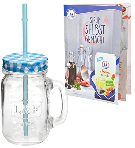 Glasbecher mit Henkel, Deckel und Trinkhalm inkl. Rezeptheft - blau kariert - 0,5 Liter Trinkbecher/Trinkglas mit Relief - für Säfte, Smoothies und andere Erfrischungsgetränke