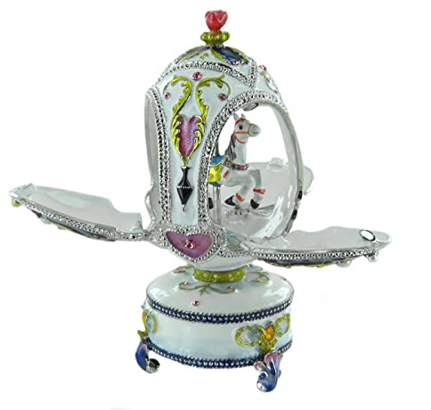 Lutèce Créations Musikalisches Ei/Schmuckei im Fabergé-Stil aus Porzellan mit Spieluhr, beweglichem Karussellpferd und 18-Ton-Federspielwerk - Für Elise (L. V. Beethoven)