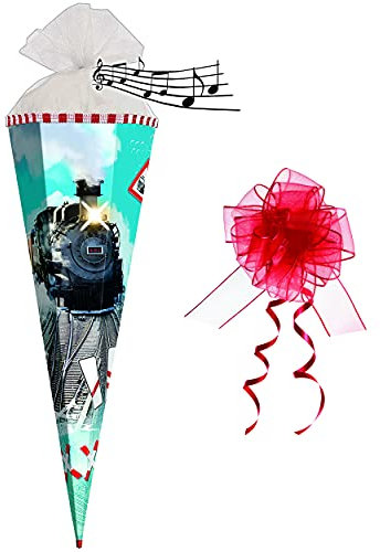 Sound Modul & LED Licht Effekt ! - Schultüte - Lokomotive - Eisenbahn - 70 cm - rund - incl. Schleife - Filz Abschluß - Zuckertüte Roth - mit Holzspitze..