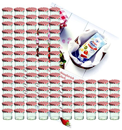 MamboCat Lot de 100 bocaux en verre de 125 ml avec couvercles rouges à carreaux To 66 + livret de recettes Diamant-Zucker Gelierzauber (français non garanti)