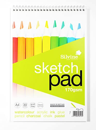 Silvine A4+ Wirebound Sketch Pad. 60 Pages (30 Sheets) 170gsm Smooth Cartridge Paper. Ref 472 - Packaging May Vary