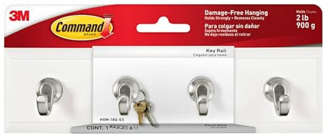 Command Key Rail, 1 Rail with 4 Hooks and 6 Adhesive Small Strips, Removable for Entryway or Hallway, Hang Keys, Hats, Dog Leashes, and Accessories - Damage Free Hanging