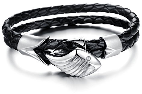 JewelryWe Schmuck Armband, Leder Edelstahl, Engelsflügel Geflochten Armreif, für Herren Damen, Schwarz Silber