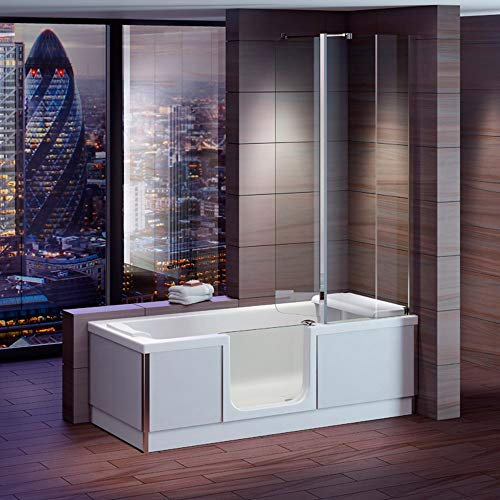 Badewanne mit Tür, Seniorenbadewanne 180x80x57,5cm mit Duschkabine,Wannenschürze und Ablauf/Sifon, Ausführung LINKS