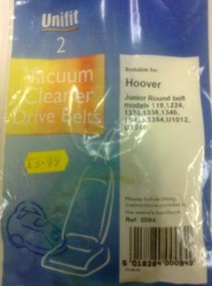 VACUUM DRIVE BELT TO SUIT: HOOVER JUNIOR ROUNDBELT MODELS, 119,1224,1334,1338,1346,1346a,1354,U1012,U1016