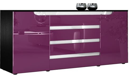 Vladon Sideboard Kommode Sylt V2, Made in Germany, Korpus in Schwarz matt/Front in Brombeer Hochglanz mit Absetzungen in Weiß Hochglanz (166 x 72 x 35)