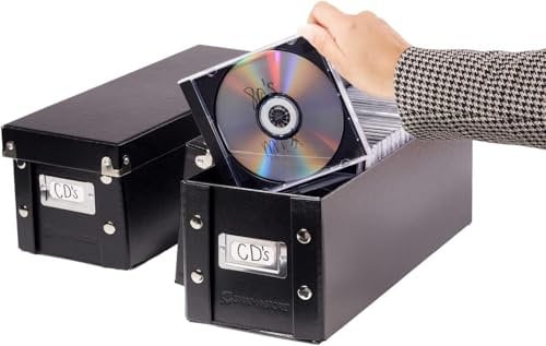 Snap-N-Store CD Storage Box - 2 Pack - Durable 5.1 x 5.1 x 13.2 Inch Disc Holders with Lids to Store up to 165 Discs - Black