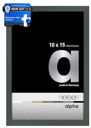 nielsen Bilderrahmen, 10 x 15 cm, Aluminium, Platin glanz, Fotorahmen zum Auftstellen und Aufhängen im Hoch- & Querformat, Echtglas, Alpha