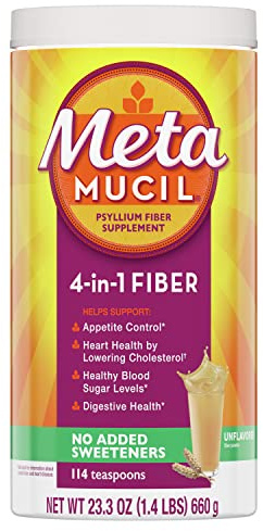 Metamucil, Unflavored Psyllium Husk Powder Fiber Supplement, Plain wih No Added Sweeteners, 4-in-1 Psyllium Husk Fiber Powder for Digestive Health, #1 Doctor Recommended Fiber Brand, 114 teaspoons