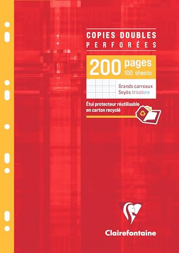 Clairefontaine 4711C Un Étui de Copies Doubles Perforées - A4 21x29,7 cm - 200 Pages Grands Carreaux - Papier Blanc 90 g - Étui Réutilisable