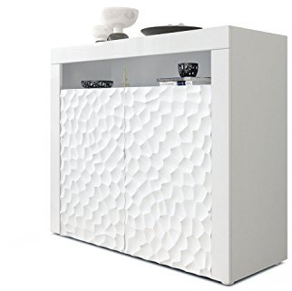 Vladon Buffet Valencia, Commode avec 2 Portes et 1 Compartiment Ouvert, Blanc Mat/Blanc Haute Brillance Calypso Structure 3D/Blanc Haute Brillance (108 x 92 x 40 cm)