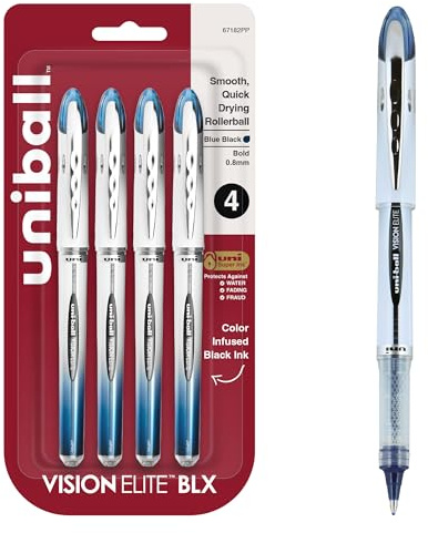 uniball Vision Elite BLX Rollerball Pens, Bold Point (0.8mm), Blue BLX Ink, 4 Pack