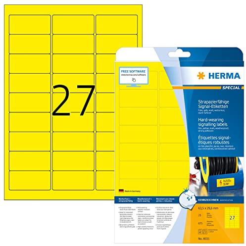 HERMA Yellow Weatherproof Labels, 675 Labels, 25 Sheets, 63.5 x 29.6 mm, Blank, Laser & Copier Compatible
