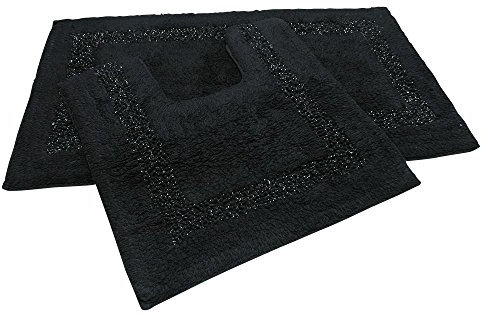 Diamante Sparkle 100% Cotton Heavyweight 2 Piece Bath Mat & Pedestal Bathroom Toilet Set Black (Standard)