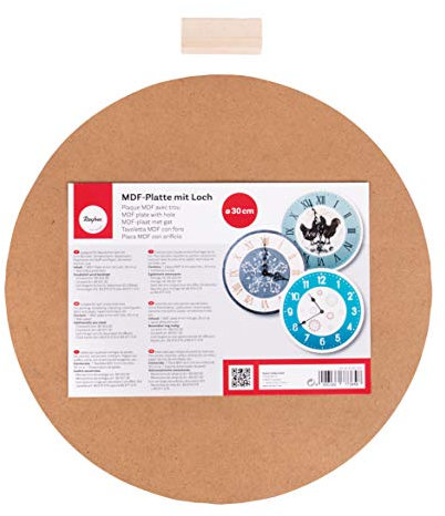 Rayher 62423000 MDF Platte mit Loch 30 cm ø, Uhrenplatte, runde Holzplatte für Wanduhr, mit Loch 1,1 cm ø, mit Abstandshaltern, Uhr basteln, Braun