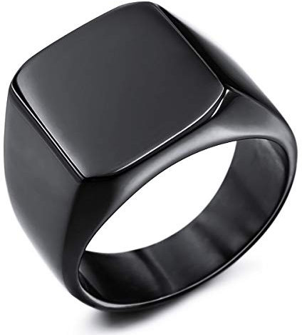 MunkiMix Siegelring für Männer Frauen Jungen 316l wasserfeste Herrenringe Edelstahl im quadratischen Stil, Bündel mit Ringgrößeneinstellern (Schwarz Farbe, Größe P)