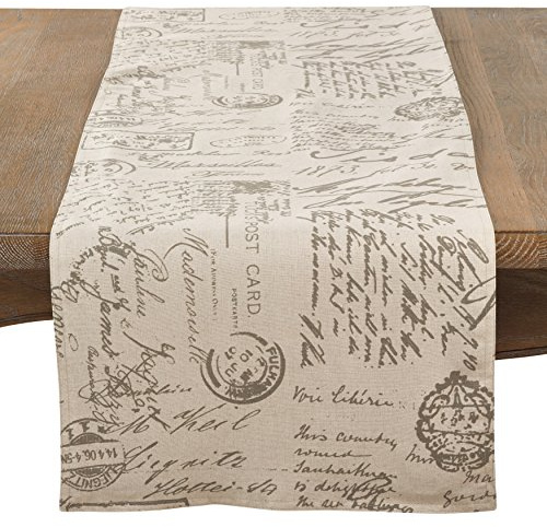 SARO LIFESTYLE Vintage French Script Linen Blend Table Runner for Dining Table – Postcard Print Farmhouse Runner for French Country Kitchen Decor, 16x72, Natural