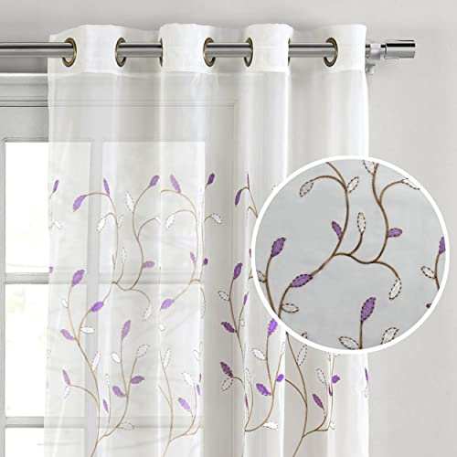 Creative Home Ideas Wavy Leaves, Embroidered Window Curtain with Grommets, Extra Wide Single Panel, 100% Polyester, Light Filtering, Sheer, Modern Drapes, 54 x 84, Lilac
