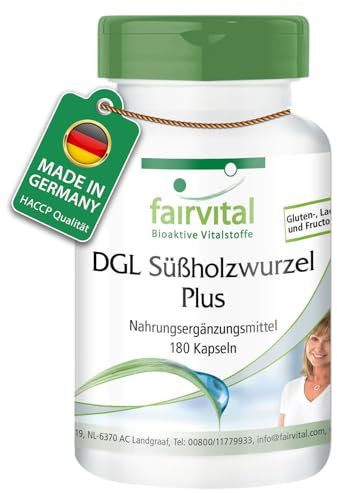 Fairvital | DGL Plus - 180 Kapseln - HOCHDOSIERT - VEGAN - mit Lakritze (Süßholz), Eibisch, Schleimulme und Aloe Vera