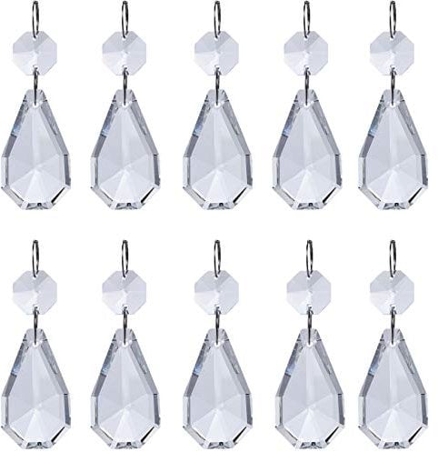 H&D 38 mm Kristall Kronleuchter Lampe Prismen Teile zum Aufhängen Anhänger Blätter mit Octagon Bead Silber Kreis Connector, Weihnachten Hochzeit Party Dekoration 10 Stück