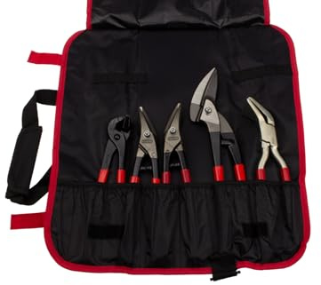 STUBAI Spenglersatz 11-teilig in Rolltasche – Set mit Durchlaufschere, Blechscheren links/rechts, Falzaufbiegezange, 45° Falzzange, Anreißschablone, Bit-Clip-Satz und Zubehör