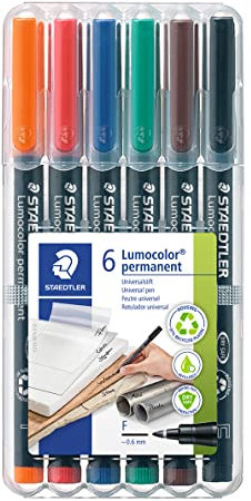 STAEDTLER permanenter Universalstift Lumocolor, wisch- und wasserfest, sekundenschnell trocken, nachfüllbar, F-Spitze - Linienbreite 0,6 mm, 6 Marker in sortierten Farben, 318 WP6
