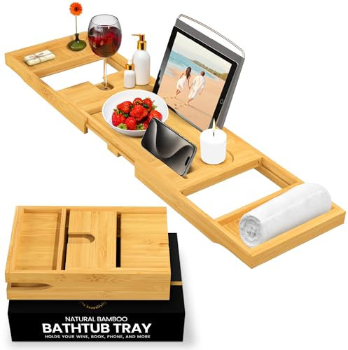 Bambüsi 100% Bambus Badewanne Caddy mit der Erweiterung Seiten, Lesen Rack, Handy und Tablett integrierter Weinglas Halter