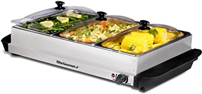 Elite Gourmet EWM-6171 Triple 3 x 2.5 Qt. Trays, Buffet Server, Food Warmer Temperature Control, Clear Slotted Lids, Perfect for Parties, Entertaining & Holidays, 7.5 Qt Total, Stainless Steel