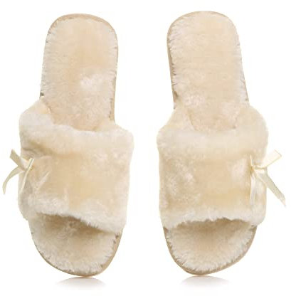 AJVANI flat peep toe bow cosy fur lined slip on slippers size 5 38