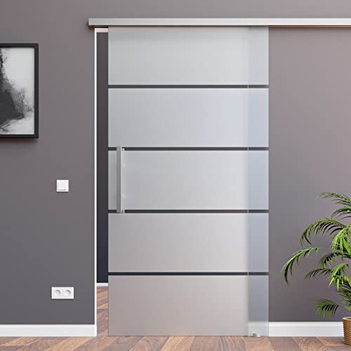 BP1-775-420GR-AS: Schiebetürsystem ESG 775x2050x8mm P1, Siebdruck; Alu Schienensystem SlimLine SoftStop; Griffstange eckig 420