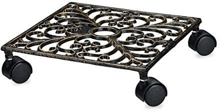 Relaxdays Porte-plantes carré à roulettes en fonte aluminium support pot de fleurs 4 roues plateau métal design style antiquités stable et résistant, bronze 27,5 x 27,5 cm