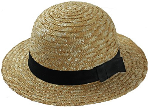 24 X LADIES STRAW BOATER HAT ROUND TOP STRAW BOWLER HAT WITH BLACK RIBBON & BOW SCHOOL GIRL ST TRINNIANS FANCY DRESS BULK