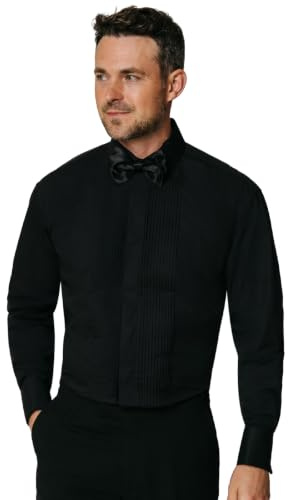 Dobell Mens Black Dress Shirt Regular Fit Standard Collar Double Cuff Pleated Fly Front