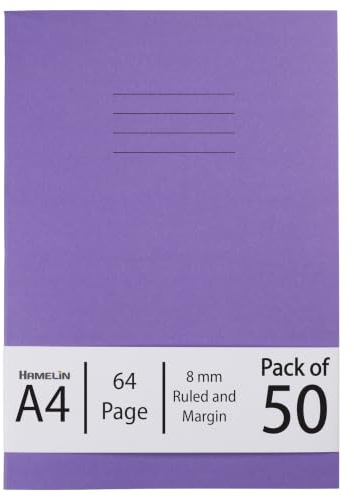 Hamelin A4 8 mm Ruled and Margin 64 Pages Exercise Book - Purple (Pack of 50)