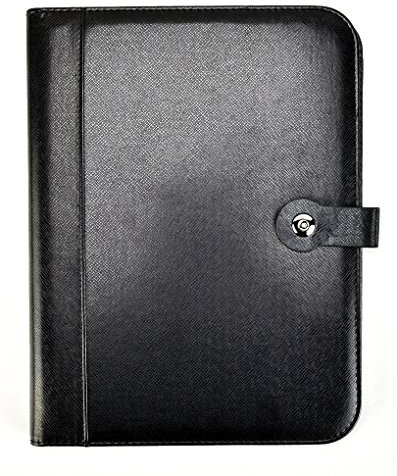 Conférencier A4 en polyuréthane noir avec calculatrice et porte-bloc-notes, organiseur de documents A4 et porte-cartes de visite – avec bloc-notes format lettre