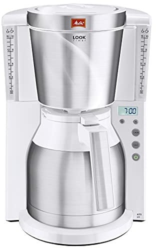 Melitta Cafetière à Filtre avec Verseuse Isotherme, Fonction Timer, Sélecteur d’Arôme, Look Therm Timer,1.2L, Blanc/Acier Brossé, 1011-15