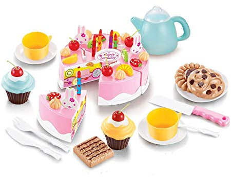 SOKA 54pc Birthday Party Pink Cream Fruit Cake Dessert Cookies Cupcake Pretend Role Play Toy Food Set Afternoon Tea Party for Kids Children Girls Boys Age 6 year old +