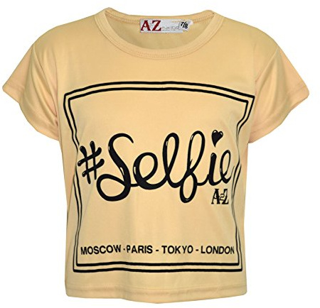 Girls Top Kids #Selfie Print Stylish Fahsion Trendy T Shirt Crop Top 7-13 Years Stone