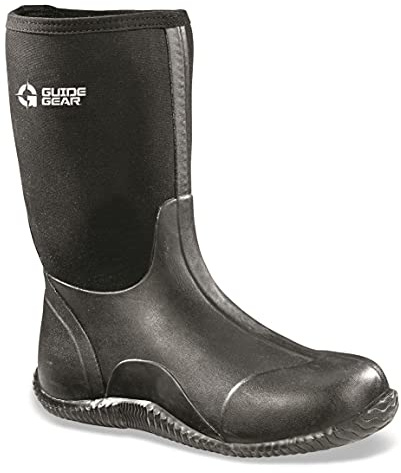 Guide Gear Men's Mid-High Bogger Waterproof Rubber Hunting Work Rain Boots 12”, 5mm Neoprene Top Black 14D (Medium)