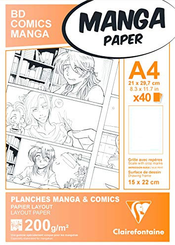 Clairefontaine 94047C Étui Manga et Multi-techniques - 40 Feuilles Papier Dessin Blanc Lisse A4 21x29,7 cm 200g - Papier imprimé avec une Grille divisée en 6 Cases - Idéal pour les Feutre à Alcool